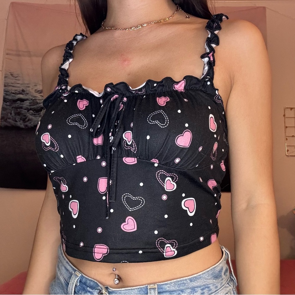 Y2K heart print pattern crop top ruched straps tie front bow black pink